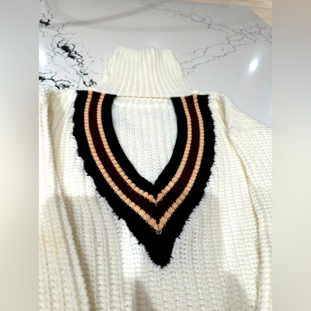 cream ribbed knit oversized turtle neck sweater/ dress with plunge V back
